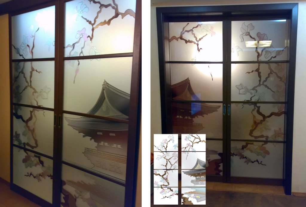 фотопечать на двери стеклянной раздвижной - дом в японском стиле, сакура