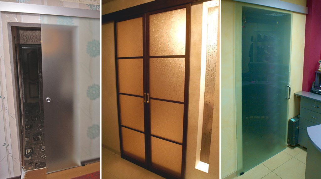 (слева) - дверь из стекла раздвижная межкомнатная, стекло матовое, (центр) - дверь из стекла раздвижная межкомнатная двойная с деревянной рамой, стекло рифленое матовое, (справа) - дверь из стекла раздвижная межкомнатная, стекло матовое