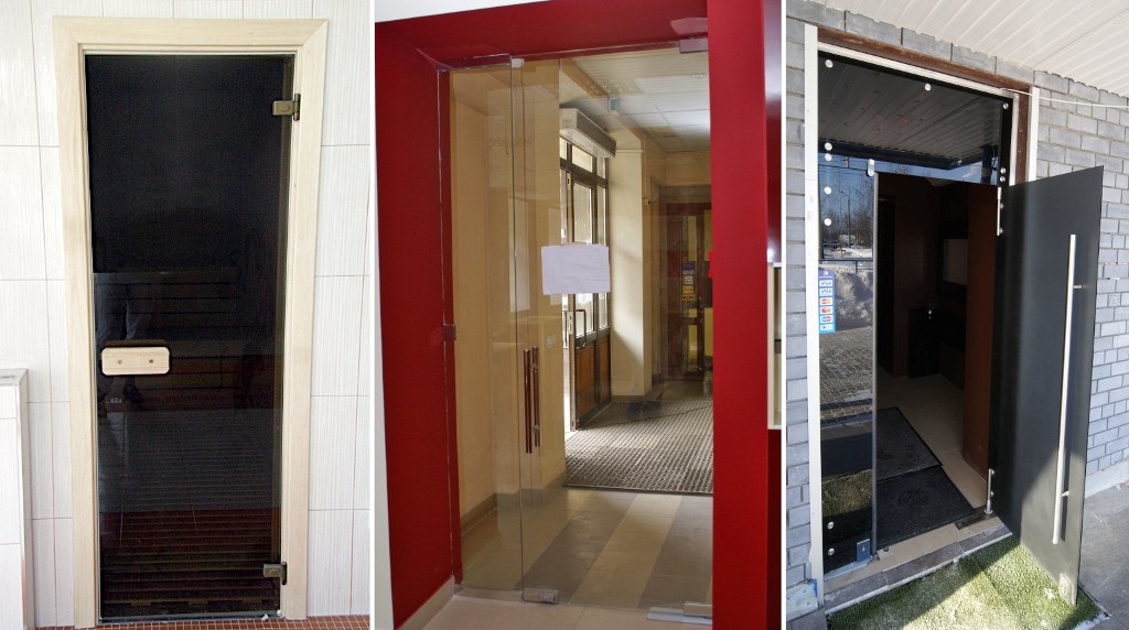 (слева) - дверь из стекла распашная, в сауну стекло черное, (центр) - дверь из стекла распашная, вход в салон, стекло прозрачное, (справа) - дверь из стекла распашная, вход в салон, стекло черное