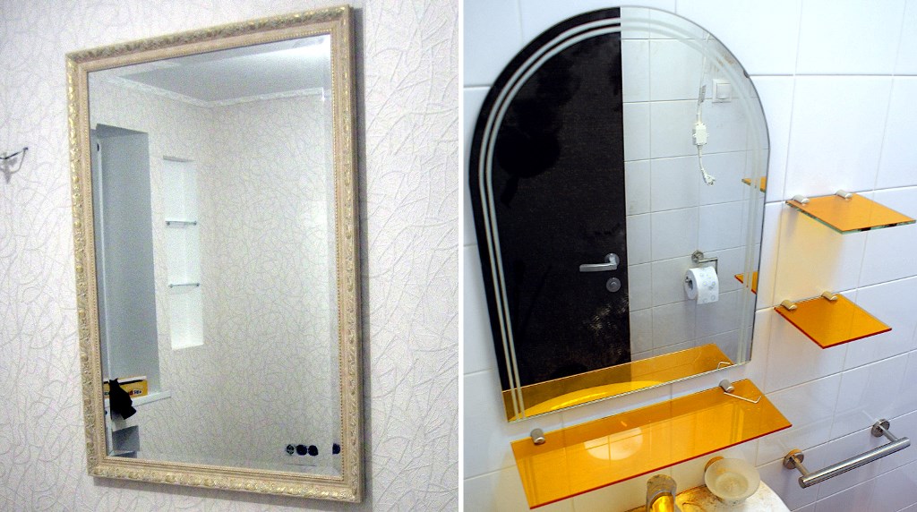 слева - зеркало навесное с багетом, с фацетом, справа – зеркало полукруглое в ванной с матовым декором с оранжевой полкой