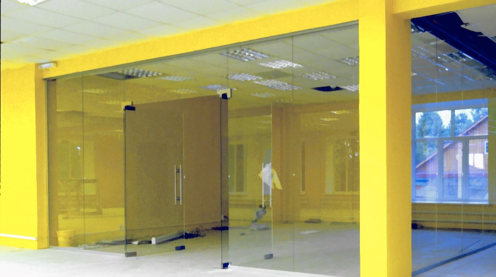 перегородка ТЦ (торговый центр) с дверью распашной, стекло прозрачное, вид 1